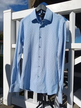 Slim Fit Light Blue Dress Shirt with Micro Dot Pattern